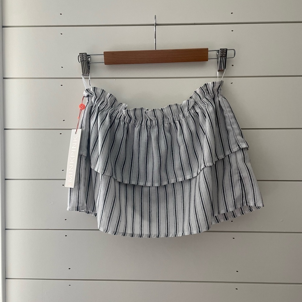 Mink pink strapless striped flounce top